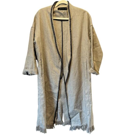 NWOT Zara Beige Linen Striped Fringe Trim Hem Midi Duster Wrap Coat Cardigan - Picture 2 of 16